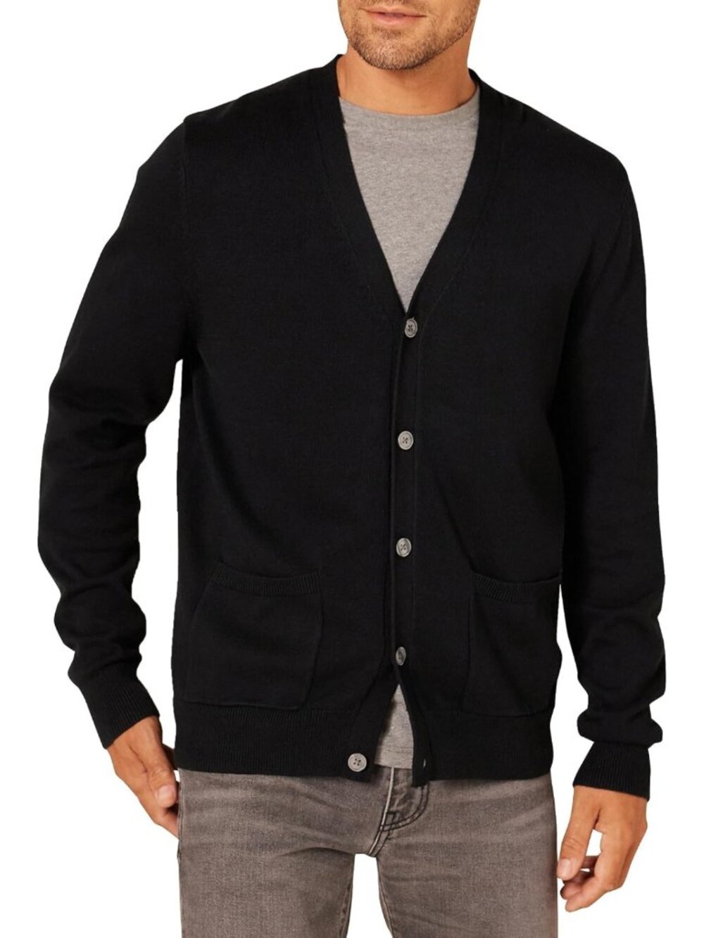 Cozy Men's V-Neck Knitted Cardigan Sweater, Soft Cotton, Ribbed Design, Casual